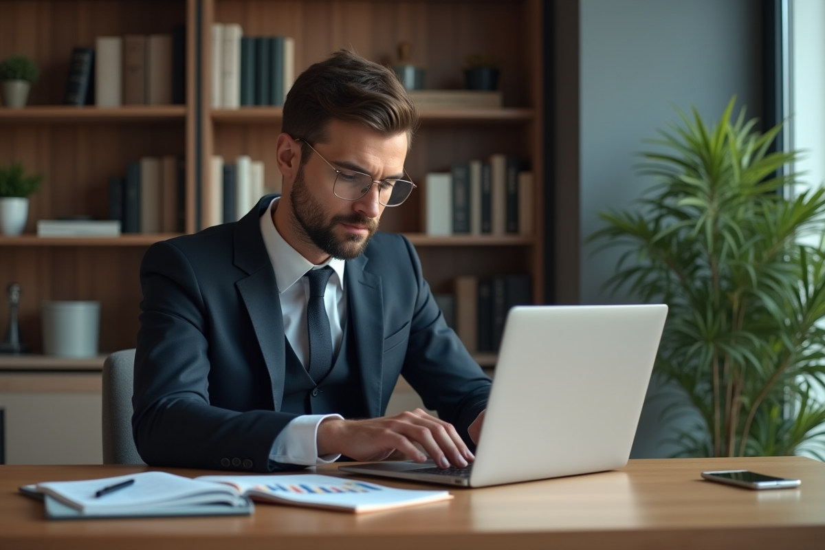 Homme d affaires concentré sur ses graphiques financiers dans un bureau moderne