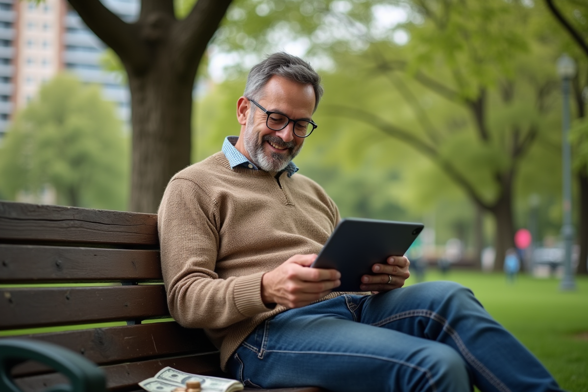 Homme d age moyen examine des graphiques en parc