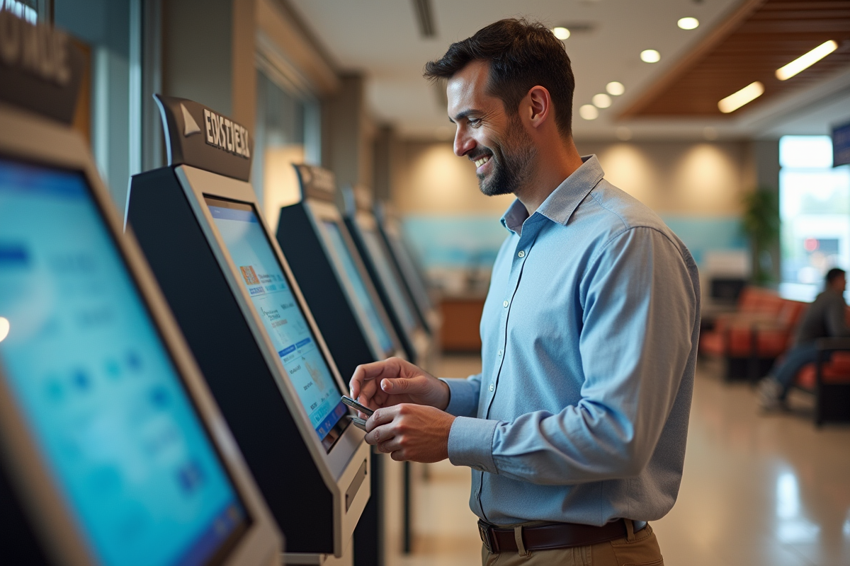 Homme d âge moyen utilisant un kiosque bancaire intérieur