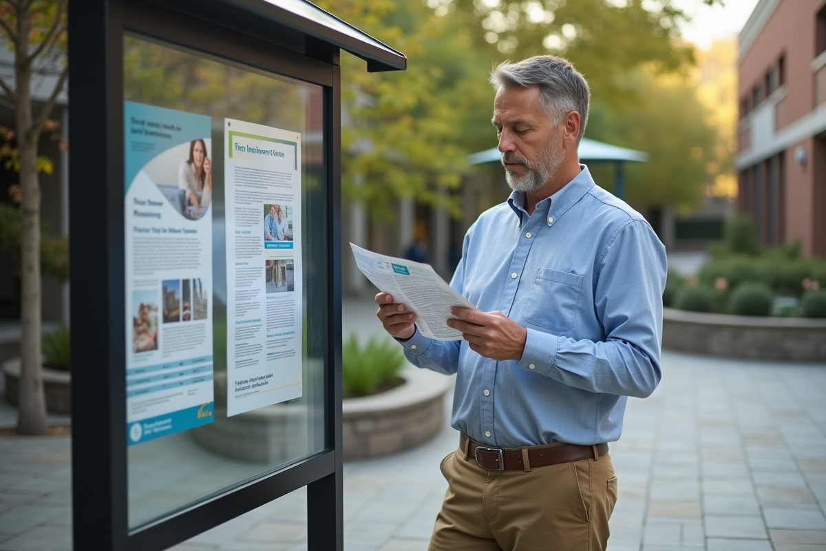 Homme d âge moyen lit une affiche d assurance en extérieur
