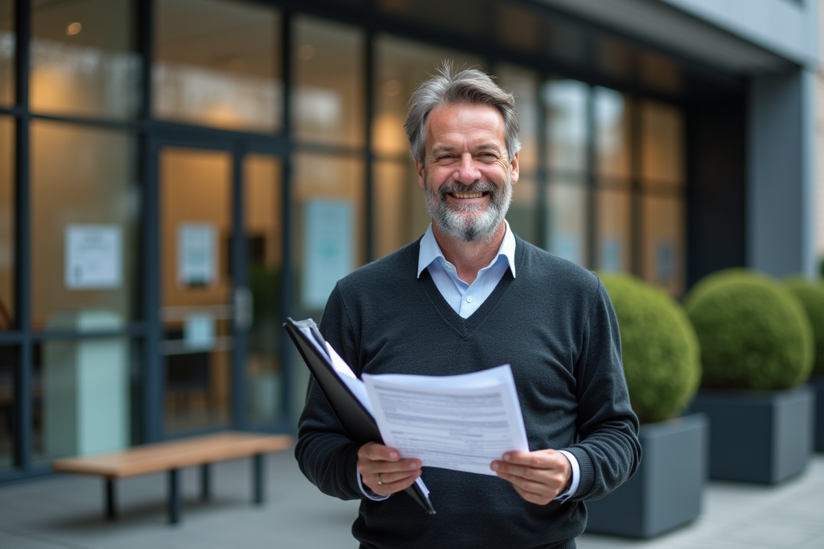 Homme lisant un relevé de prêt devant une banque moderne