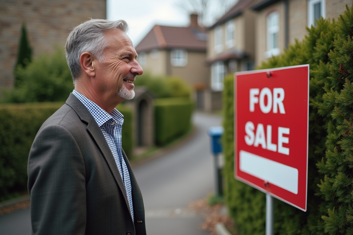 Homme examine un panneau immobilier devant une maison