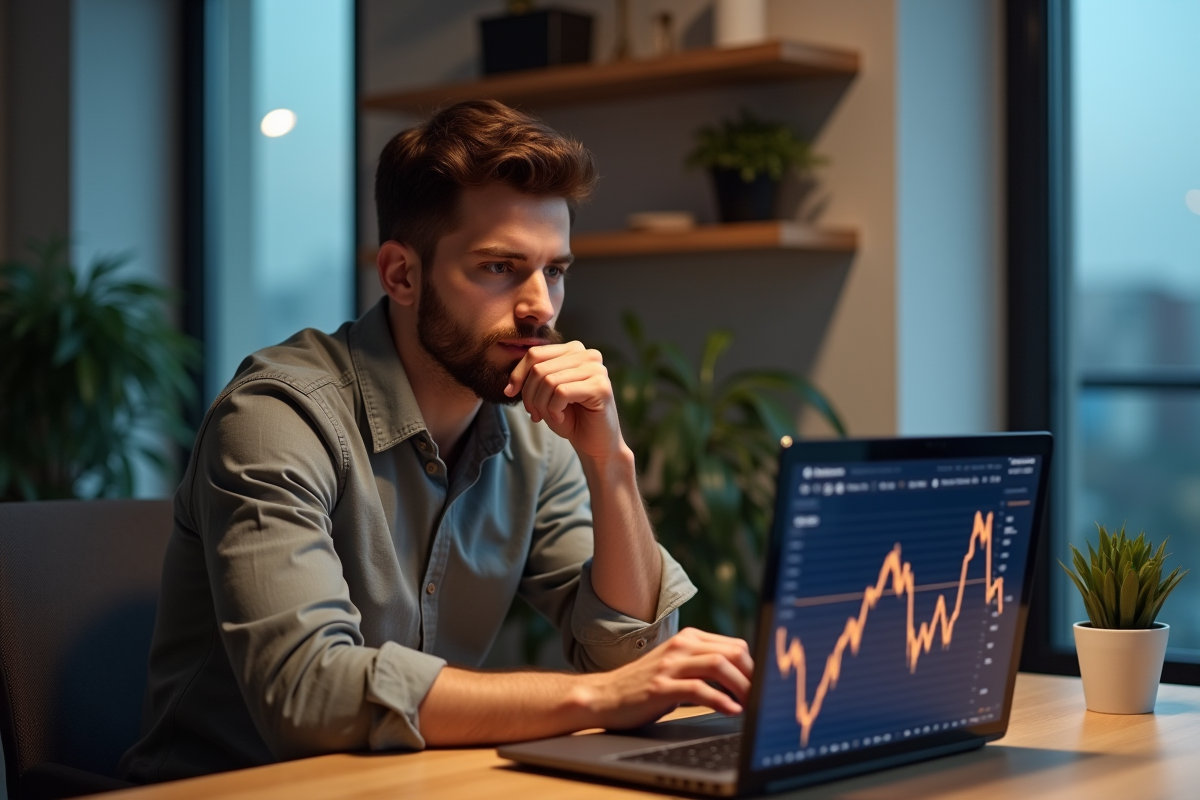 Jeune homme analysant un graphique bitcoin sur son ordinateur