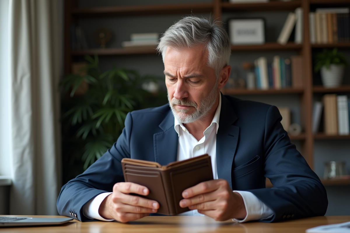 Homme d'âge moyen examinant son portefeuille dans un bureau