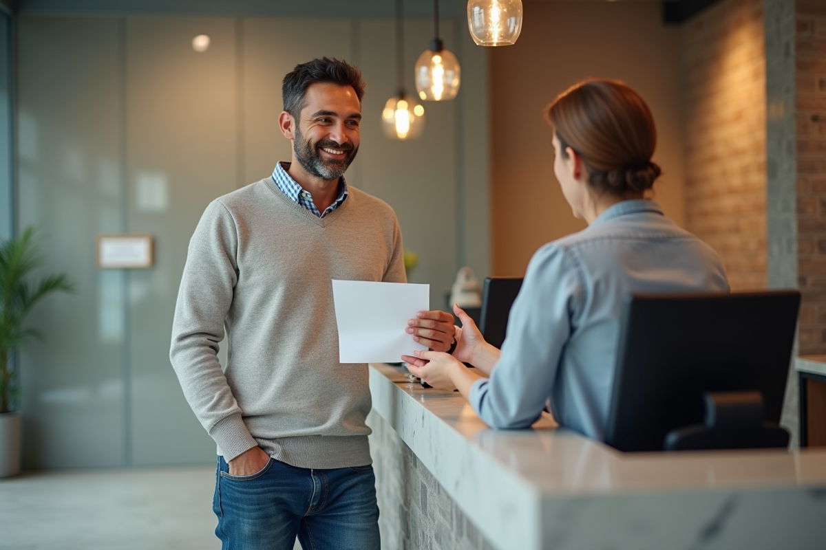 Homme confiant remet un document au guichet de la banque