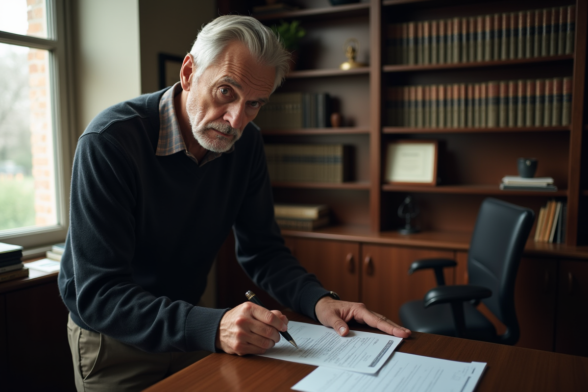 Homme âgé signant un document dans un bureau