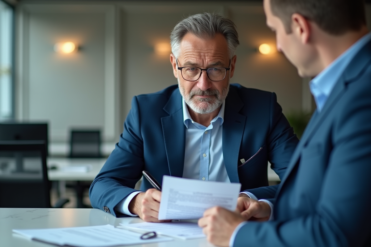 Homme d'âge moyen signant un document bancaire dans un bureau moderne