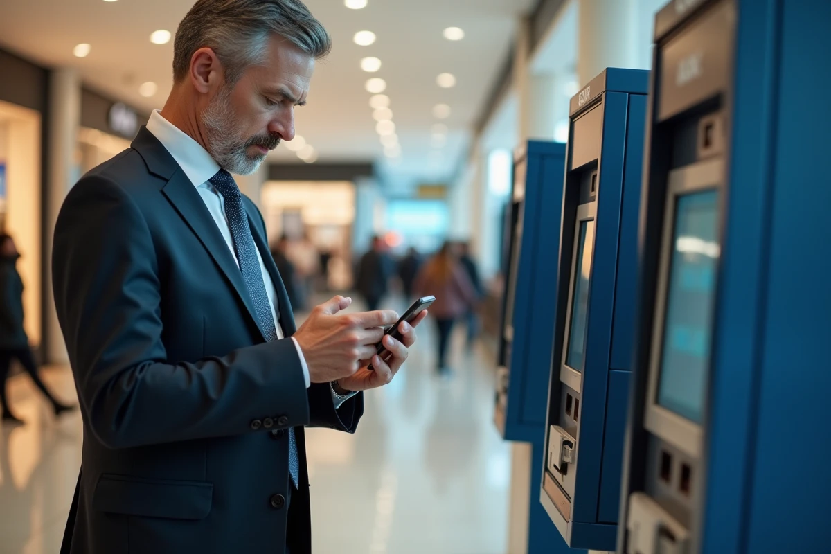 Homme d affaires vérifiant son téléphone dans un centre commercial
