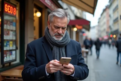 Homme suisse en veste navy devant un café zurichois