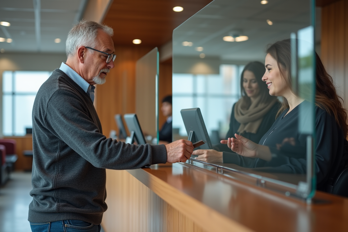 Homme remet sa carte au guichet en agence bancaire