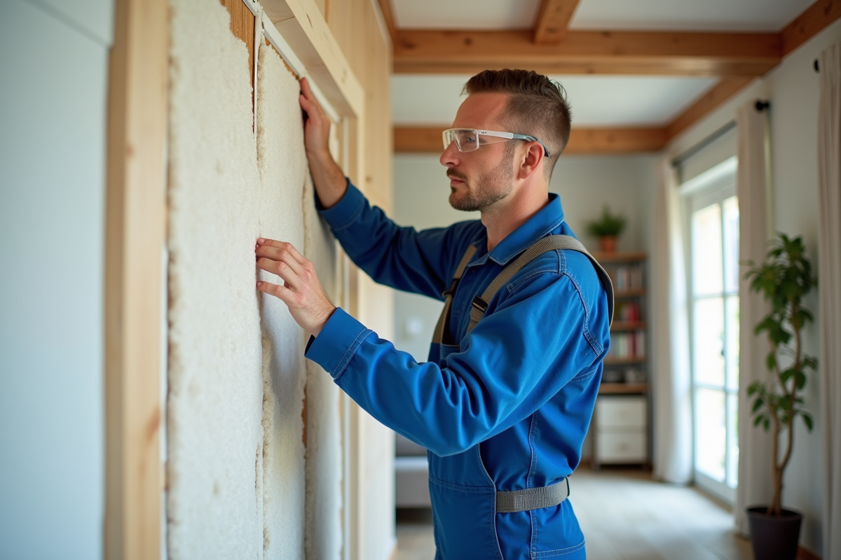 Hommes en overalls posant des panneaux d'isolation dans un salon moderne