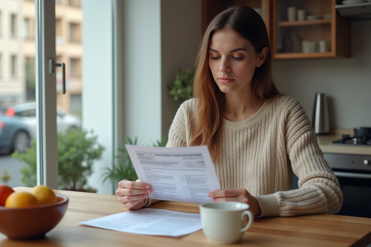 Jeune femme avec carte bancaire et relevé financier à la maison