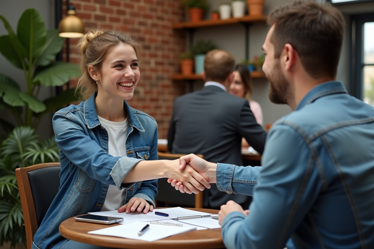 Jeune femme et consultant échangeant une poignée de main