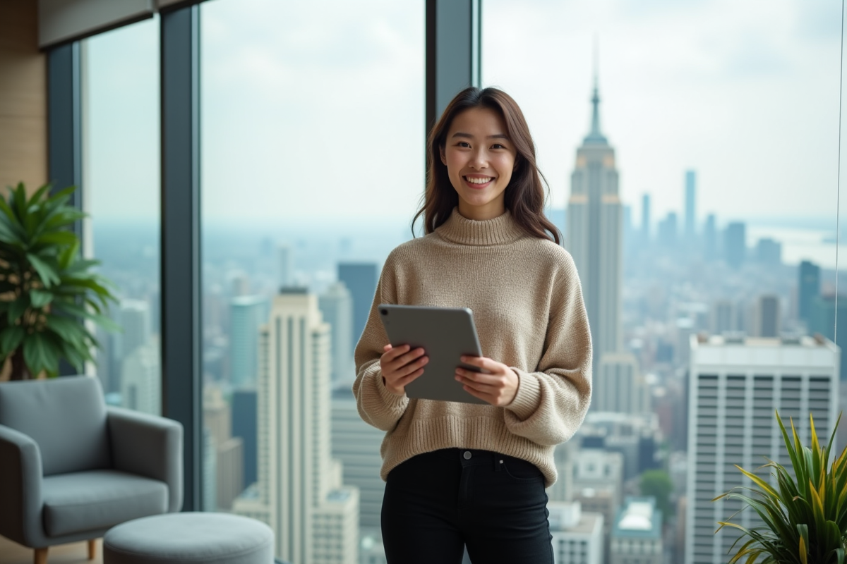 Jeune femme souriante avec tablette devant vue urbaine