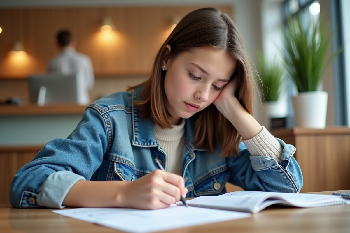 Jeune fille de 16 ans remplit un formulaire dans une banque moderne