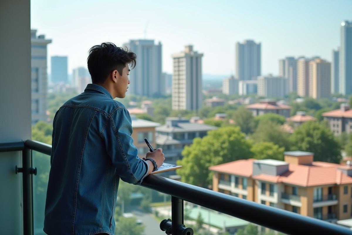 Jeune homme regarde la ville depuis un balcon avec un carnet de notes