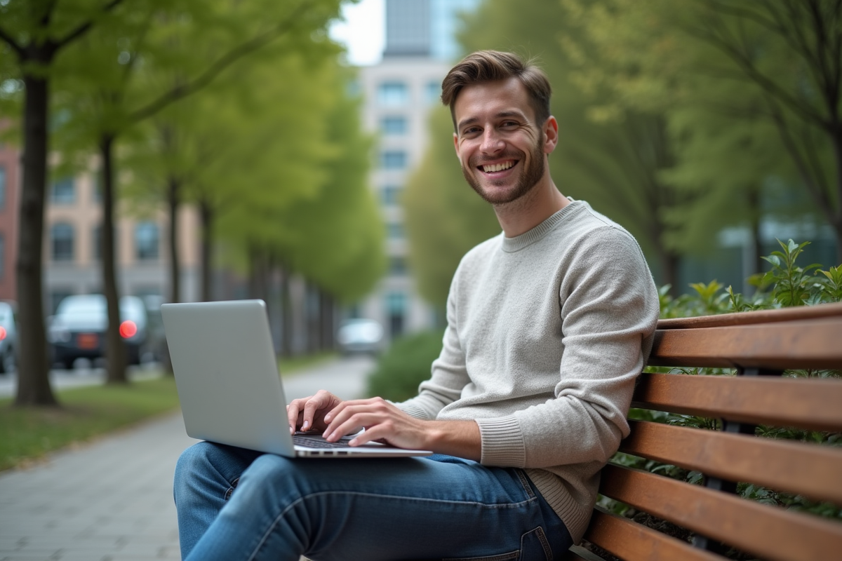 Jeune homme souriant avec laptop dans un parc urbain