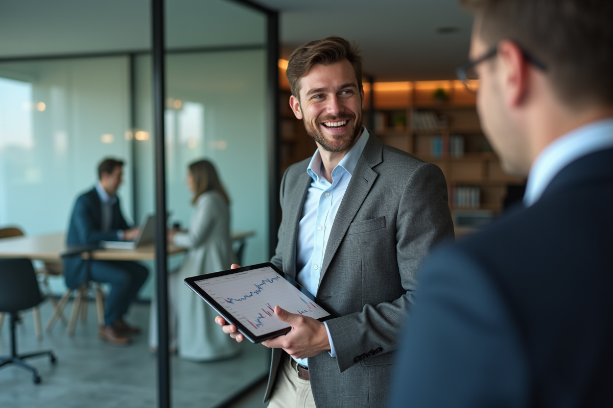 Jeune homme en costume discutant avec collègues