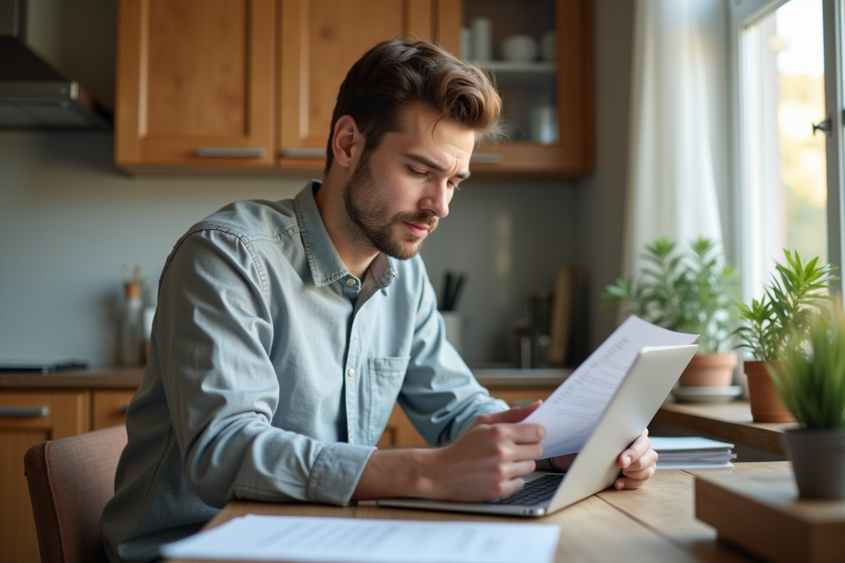 Jeune homme vérifiant documents d