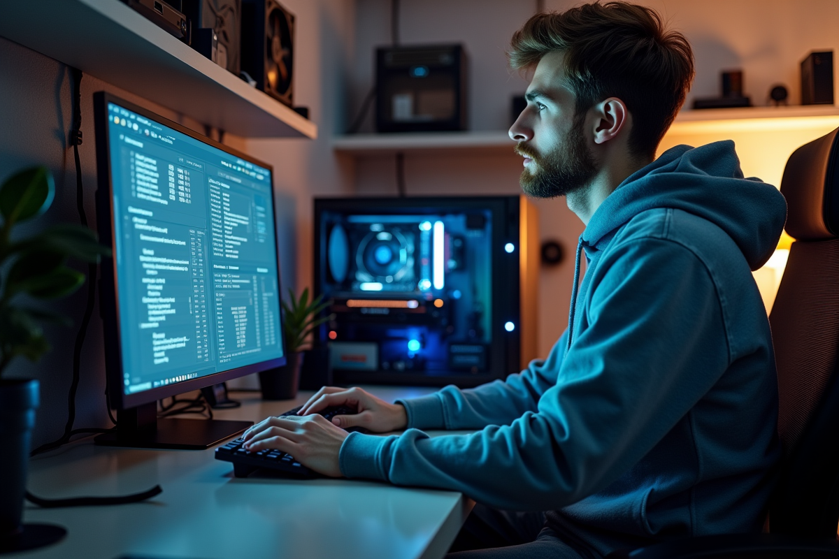 Jeune homme concentré surveillant un logiciel de minage de cryptomonnaie