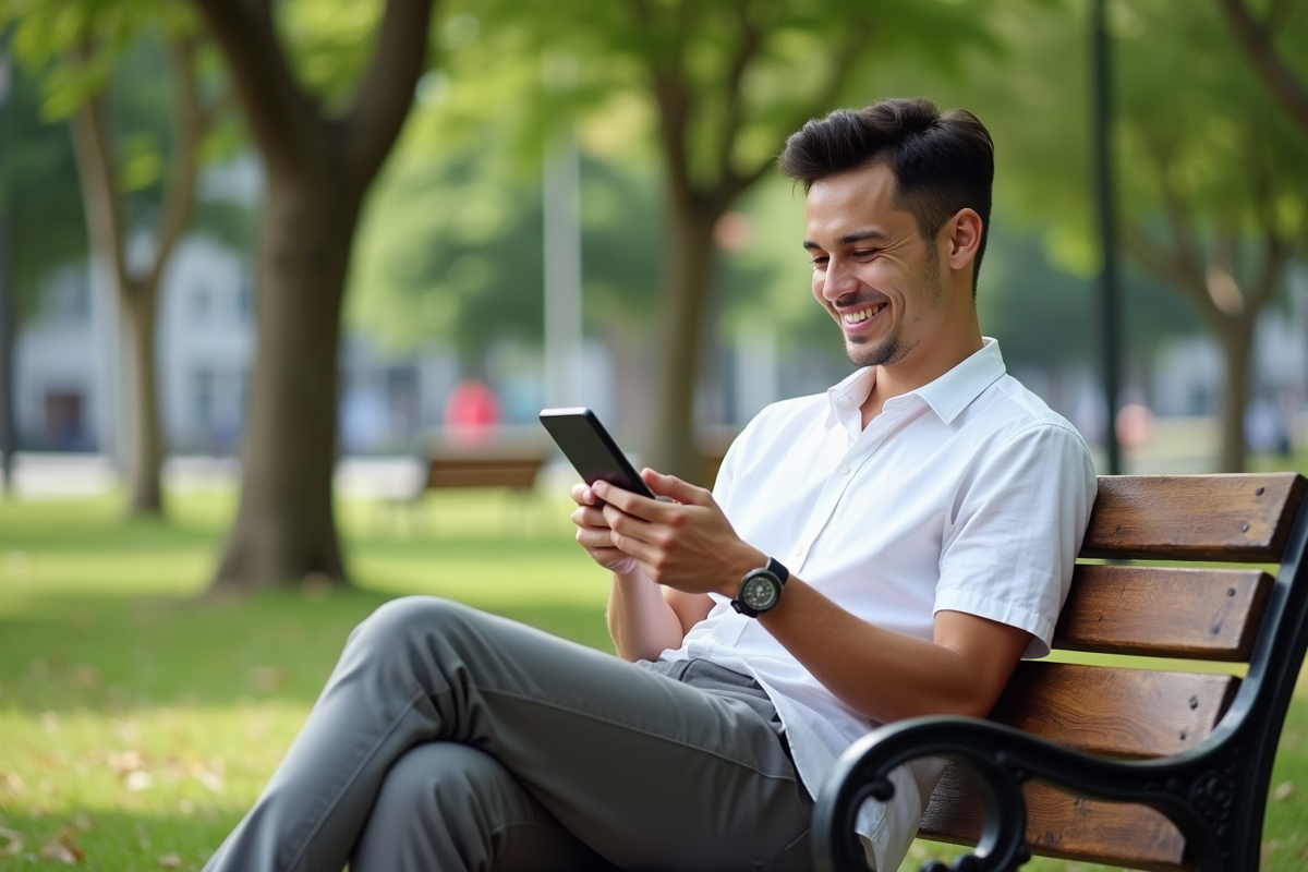 Jeune homme souriant vérifiant son application d
