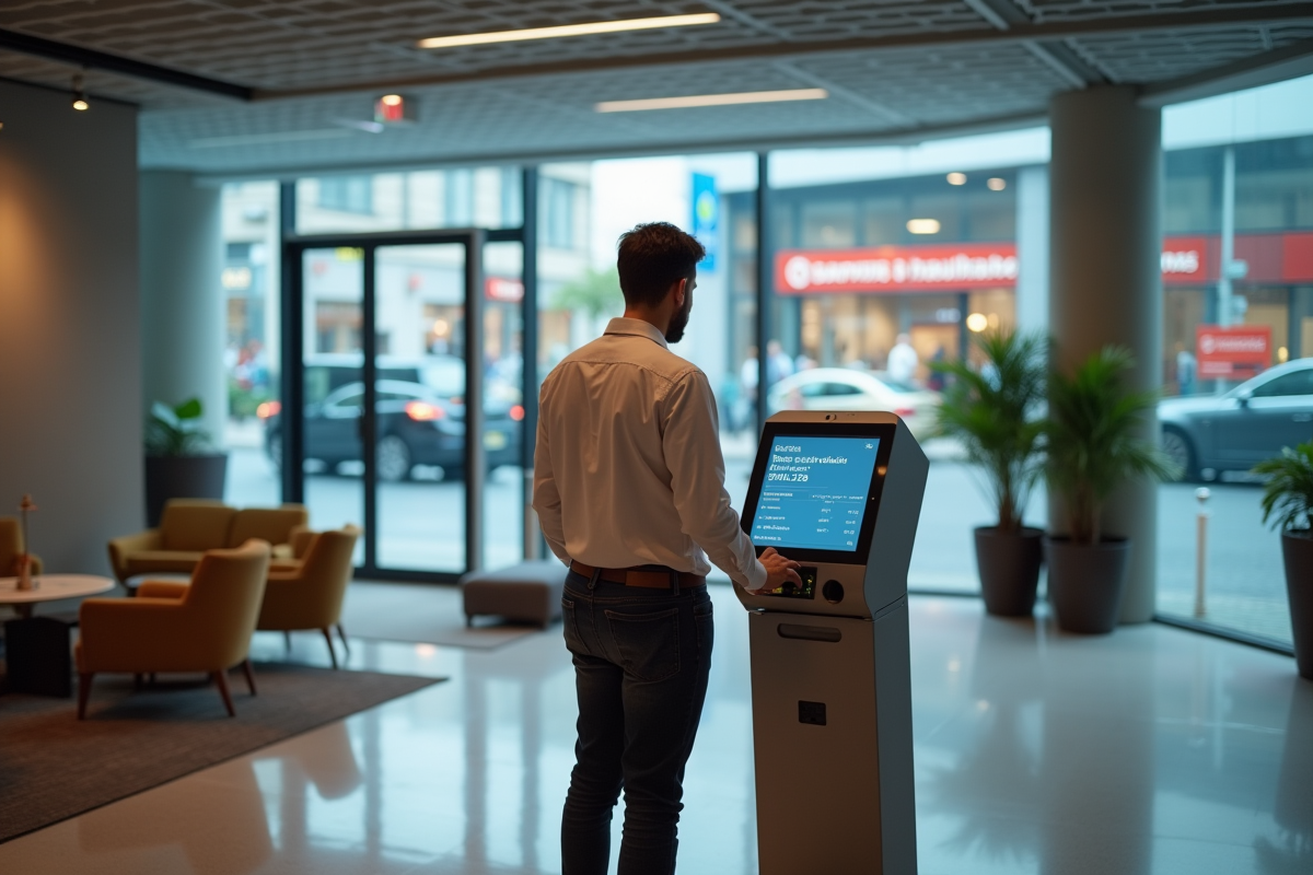 Jeune homme utilisant un terminal bancaire en ville