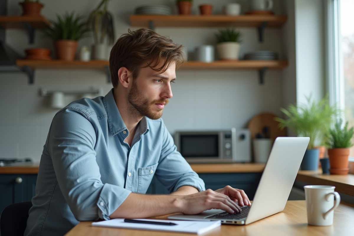 Jeune homme en tenue décontractée consultent notes et dashboard