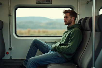 Jeune homme en hoodie vert dans un train moderne
