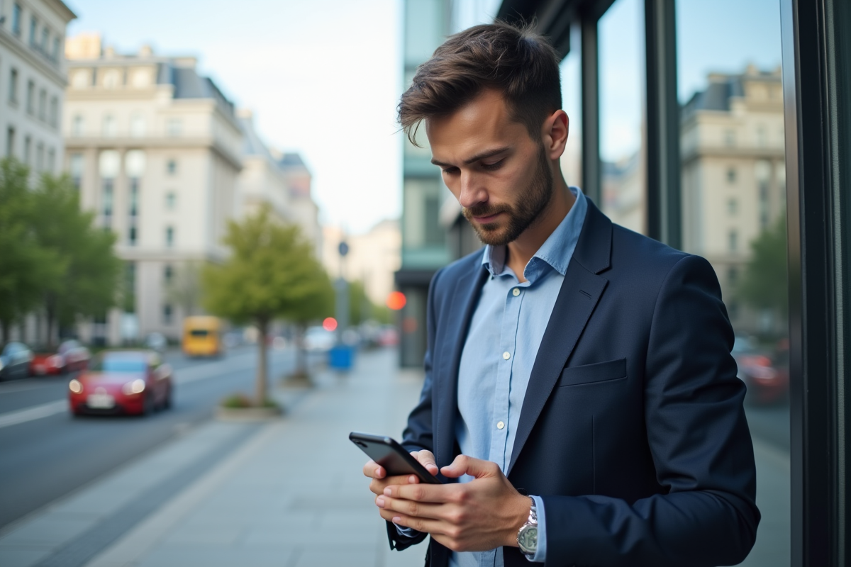 Jeune homme français vérifiant ses informations de retraite en ville