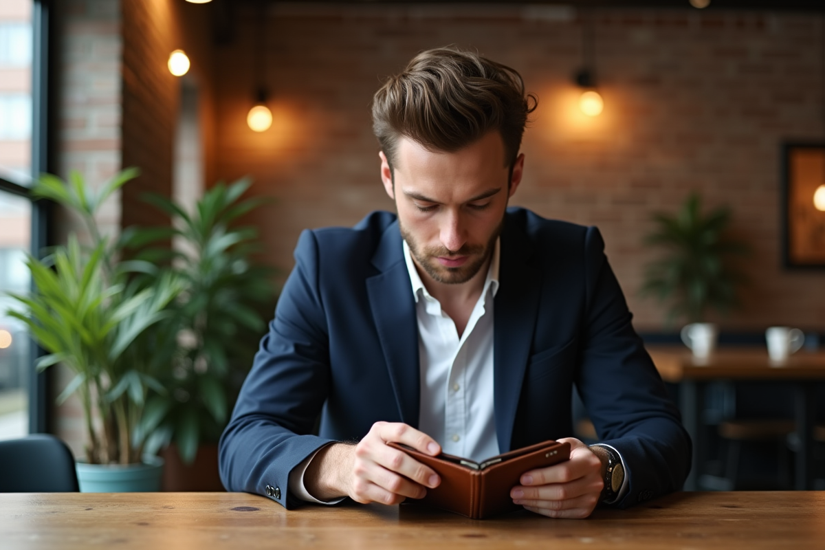Jeune homme en blazer examine son portefeuille dans un café