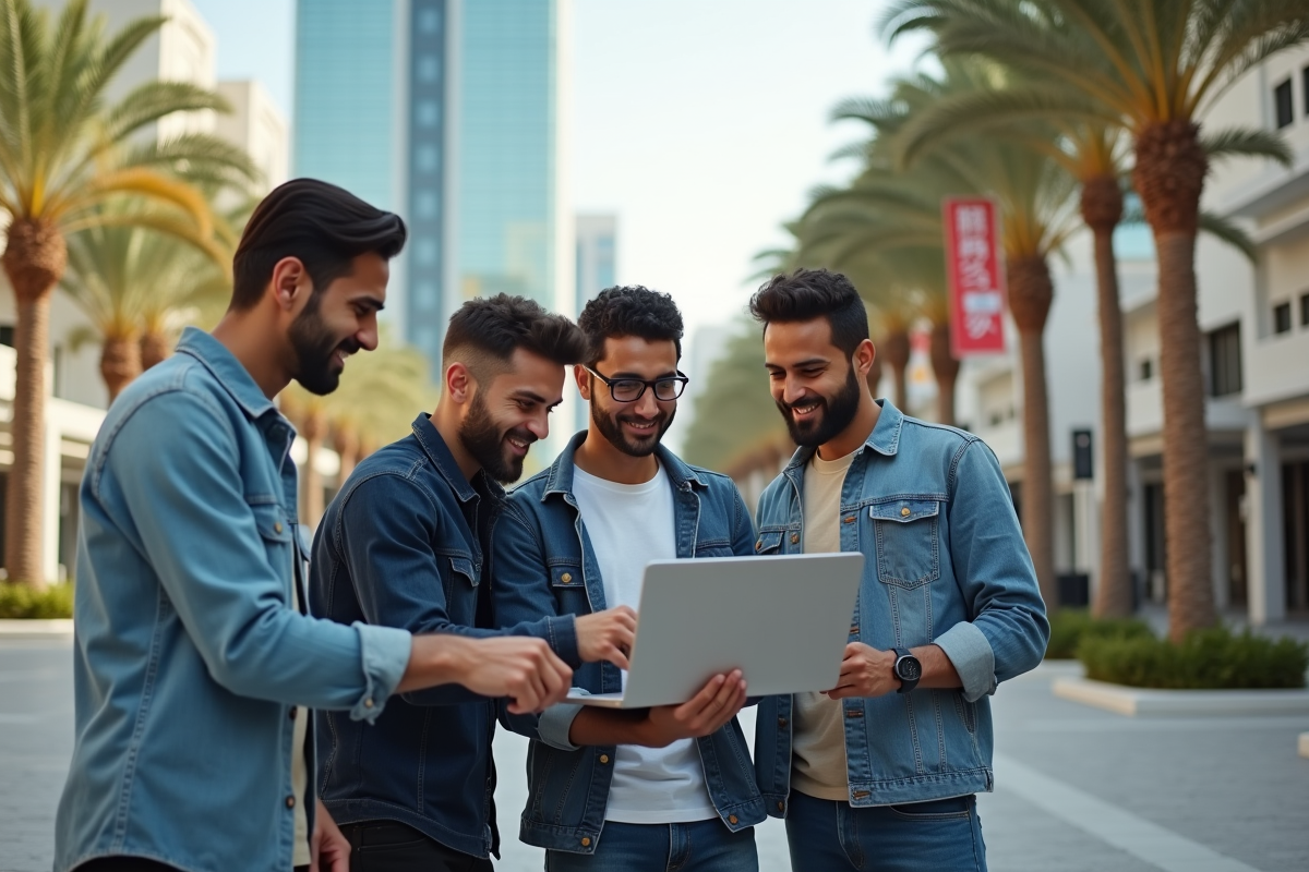 Jeunes nord-africains discutant dans une place urbaine moderne