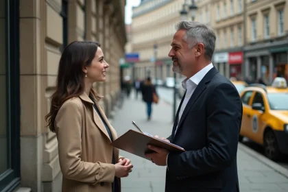 Homme d'affaires et jeune femme négocient dans la rue