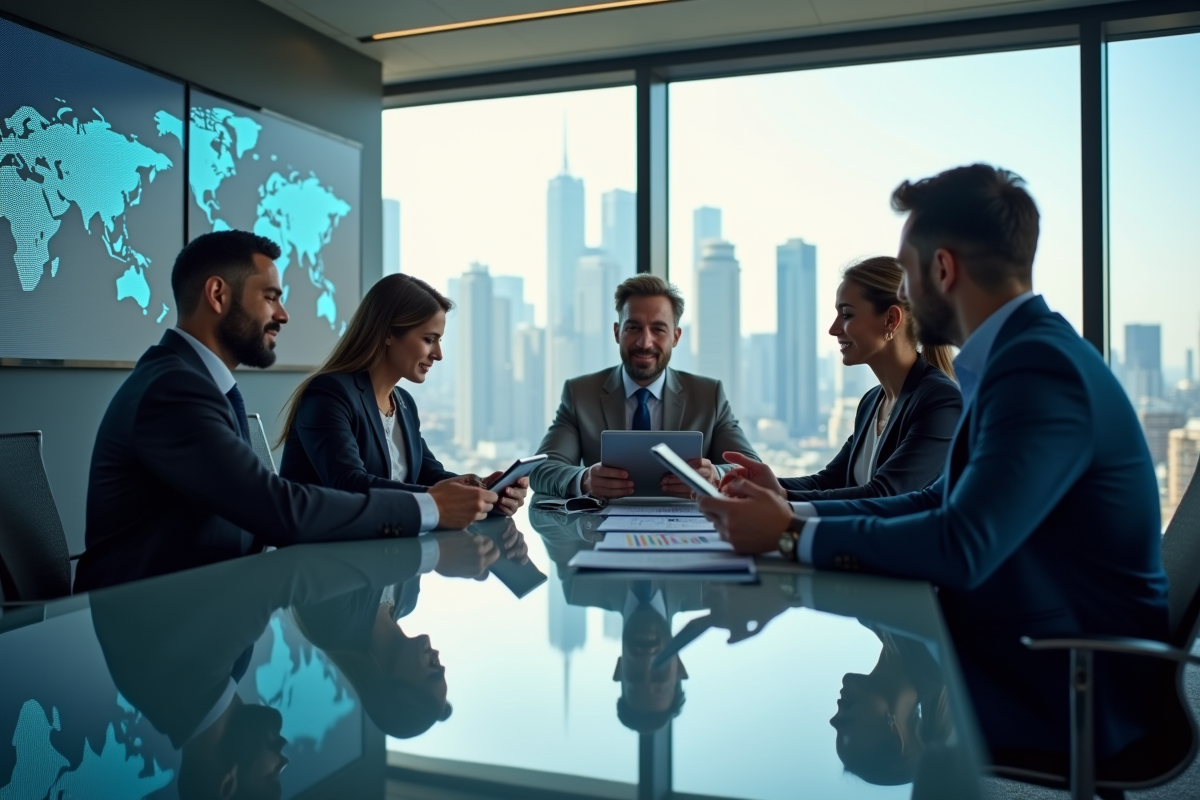 Groupe de professionnels en réunion fintech au bureau