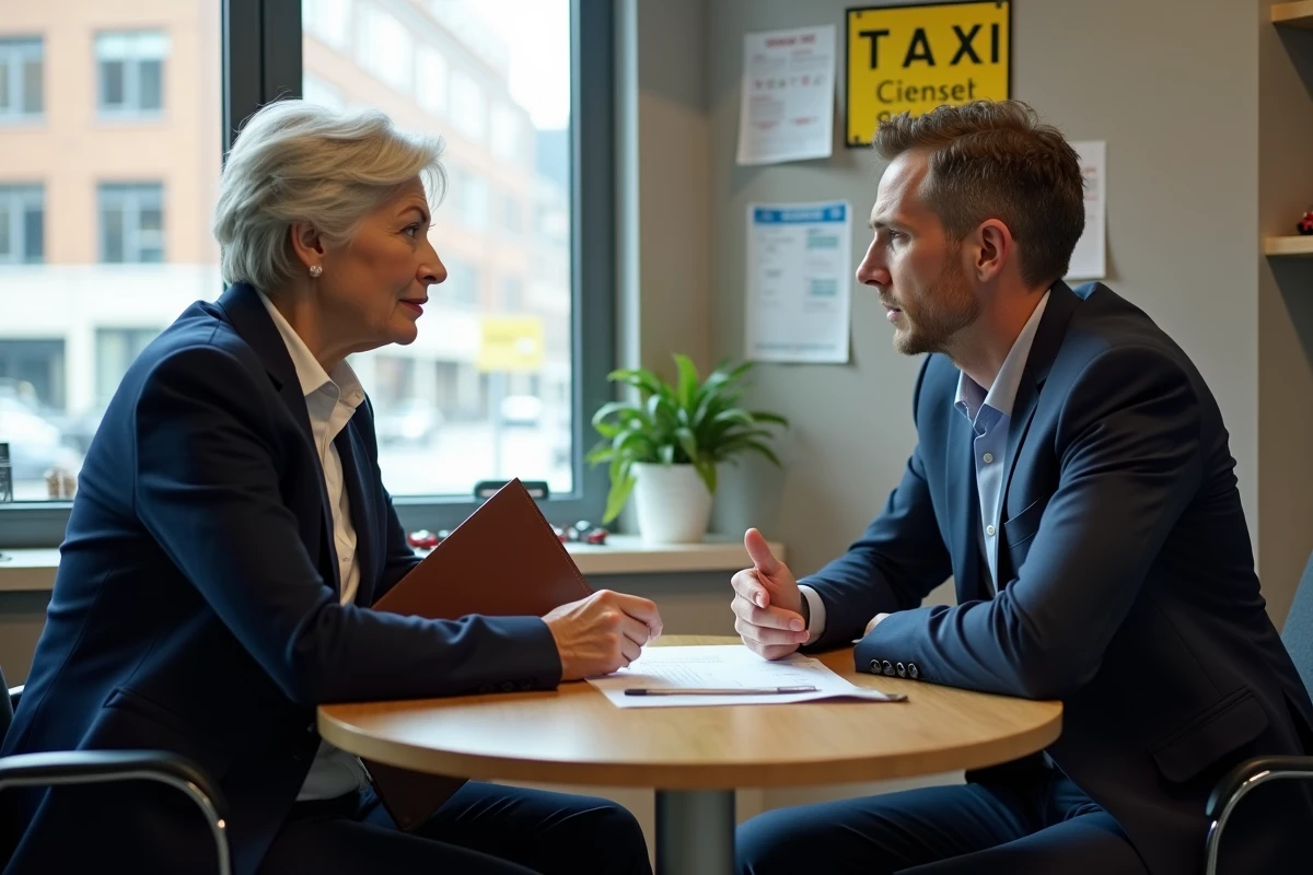 Propriétaire de taxi et jeune homme dans un bureau