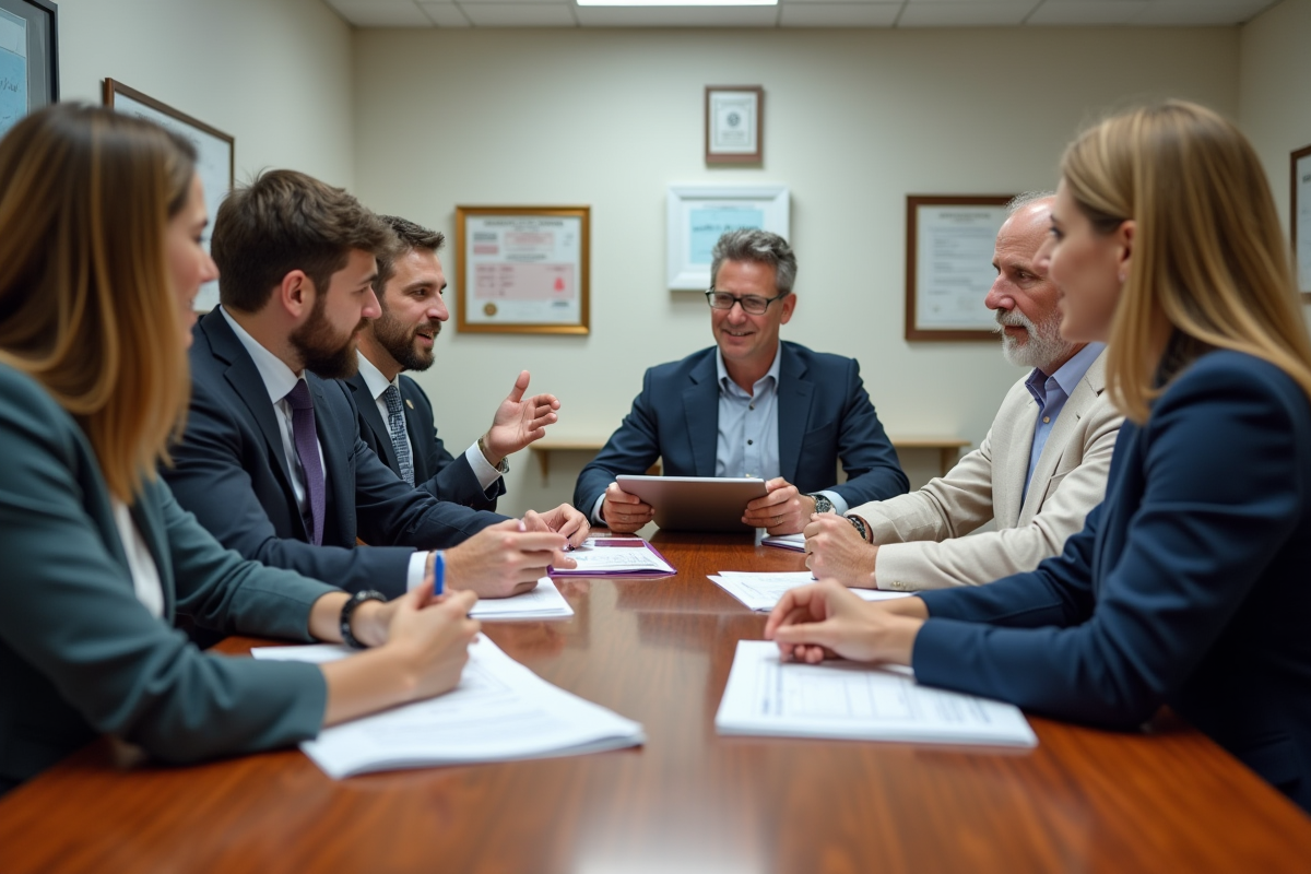 Groupe de professionnels discutant autour d