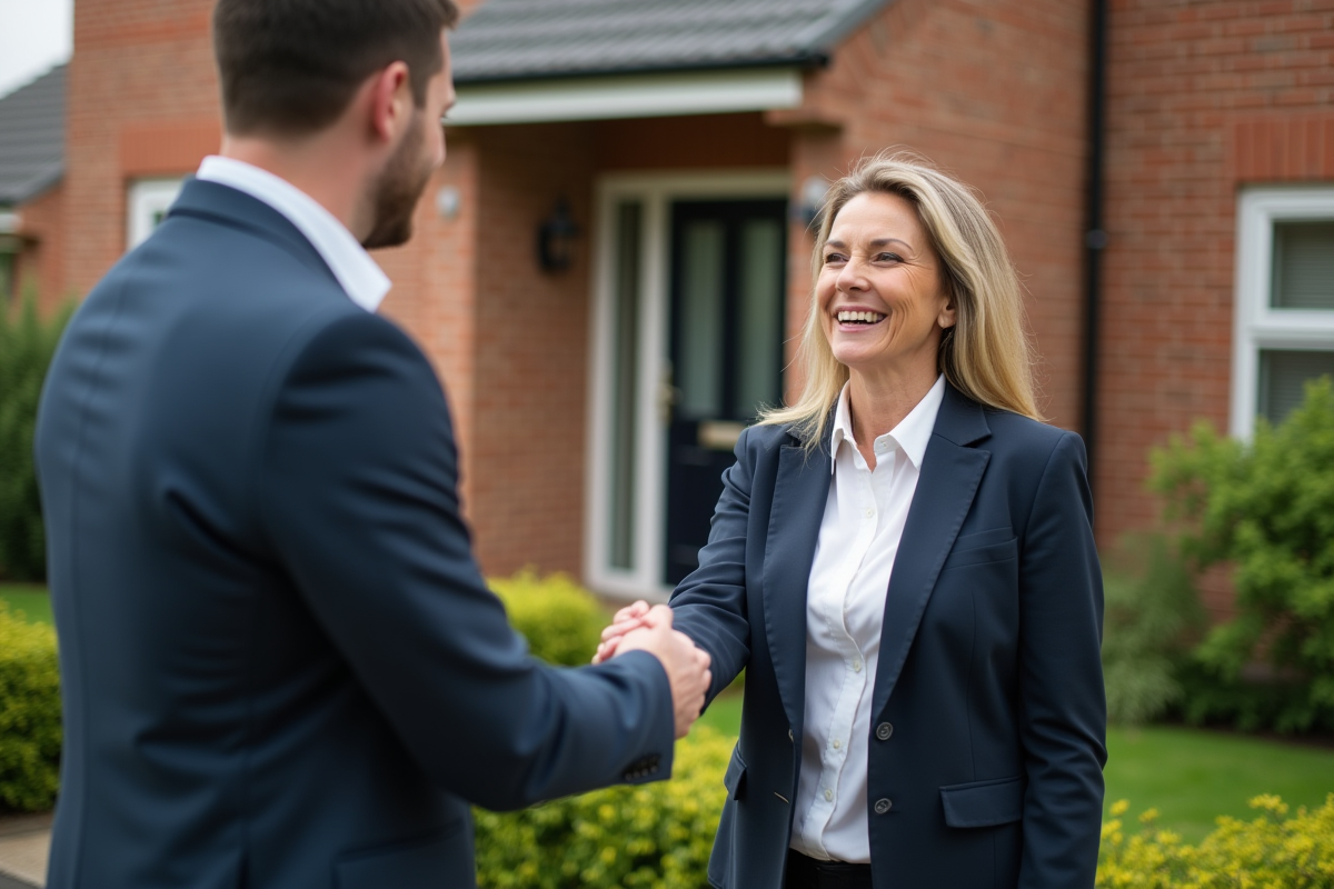 Femme d age signant un contrat immobilier devant une maison